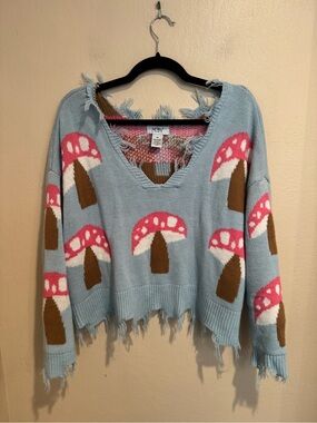 Just Polly Light Blue Cropped Distressed Knit Sweater with Mushrooms
